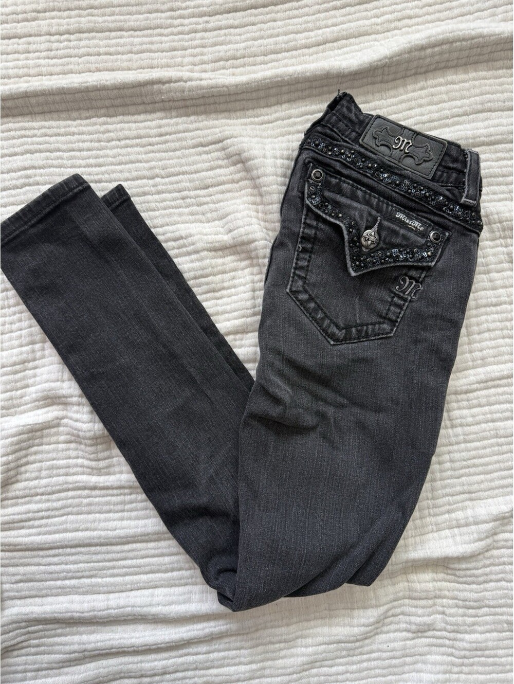 Miss Me Jeans Womens 27 Black Low Rise Skinny Stretch Denim Rhinestones Sequins